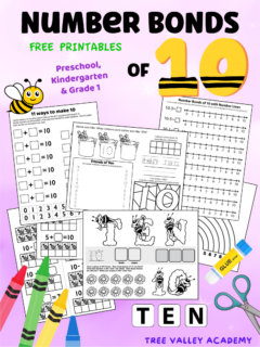 Free printable number bonds of 10 worksheets for preschool, kindergarten and grade 1 children. The black and white printables will have children coloring, drawing lines, tracing, cutting and pasting.