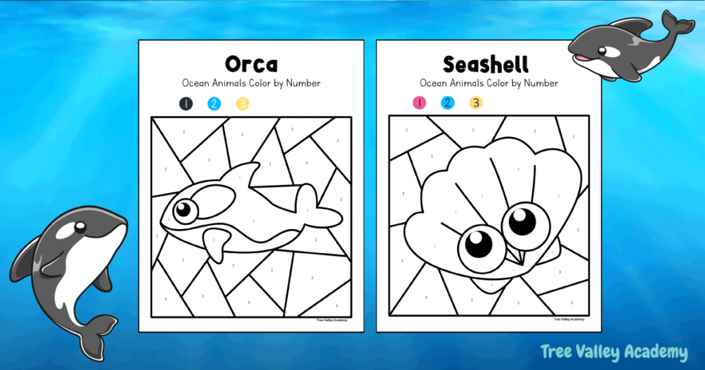 Two printable ocean themed color by number coloring pages. There's a simple orca and a seashell coloring page. Kids will practice the numbers 1 to 3 and use the colors pink, blue, black, and sand.