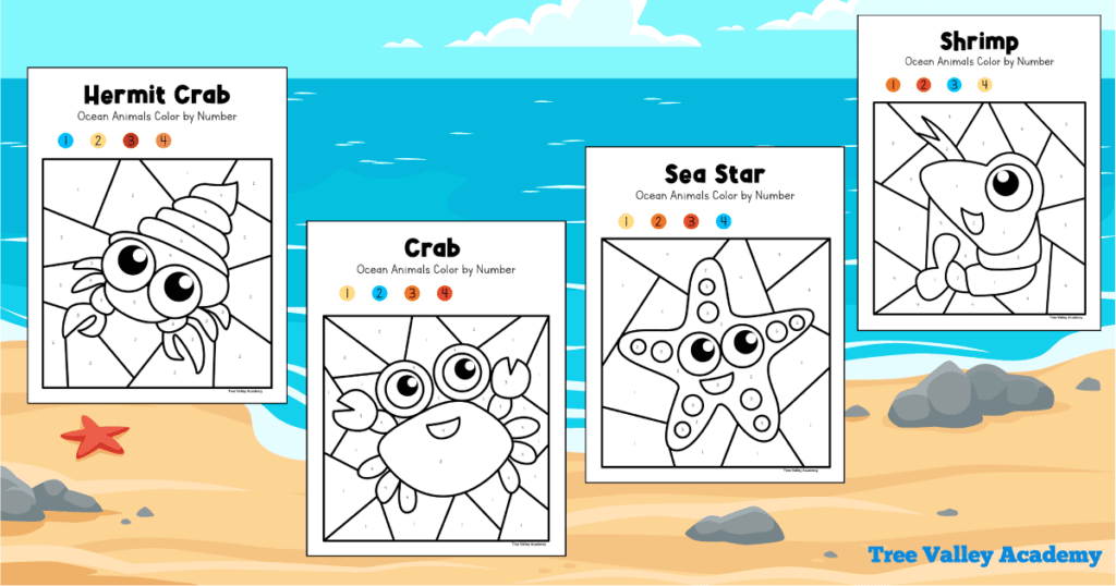 Printable simple ocean color by number coloring pages of a hermit crab, crab, sea star (starfish), and shrimp. The sea animal color by numbers will have kids practicing identifying the numbers 1 to 4 and the colors blue, red, orange, and sand.