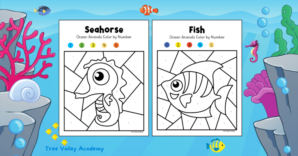 A seahorse and a fish color by number coloring pages. Children will practice recognizing the numbers 1 to 5 and the colors light blue, dark blue, green, yellow, red, orange, and sand.