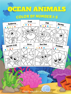 Ocean Animals Color by Number 1-5. There's free printable coloring pages of a seahorse, crab, fish, shrimp, hermit crab, orca, sea star (starfish), and a seashell.