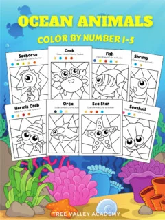 Ocean Animals Color by Number 1-5. There's free printable coloring pages of a seahorse, crab, fish, shrimp, hermit crab, orca, sea star (starfish), and a seashell.