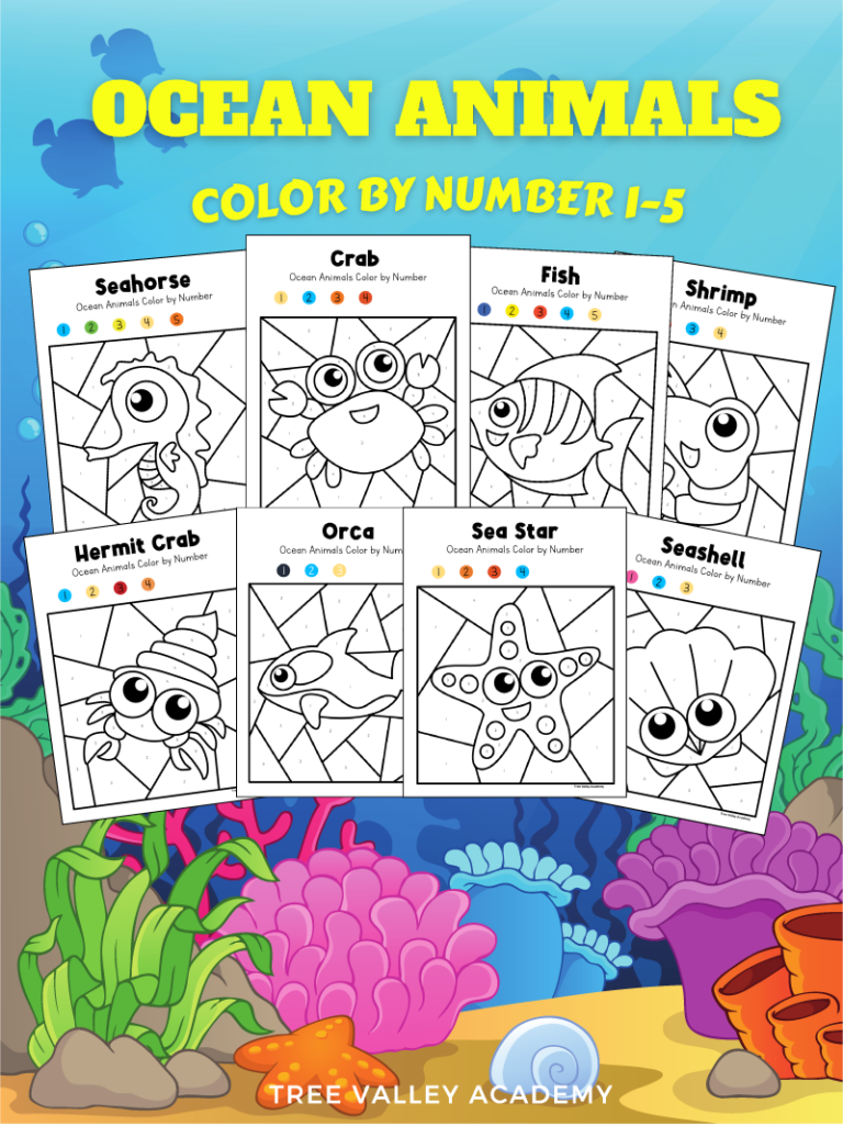 Ocean Animals Color by Number 1-5.  There's free printable coloring pages of a seahorse, crab, fish, shrimp, hermit crab, orca, sea star (starfish), and a seashell.