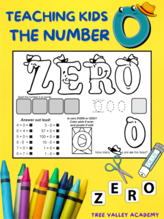 Teaching kids the number zero with a free printable black and white coloring worksheet for preschool and kindergarten. Kids will color cute character letters that spell the number word zero. They will also glue the correct letters that spell zero in the spots provided. There are addition and subtraction questions of zero to answer out loud. Young learners will also color a fancy zero pink if the number is even and purple if it's odd. There are spots for tracing the number zero and counting.