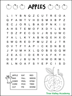 A printable black and white apple word search puzzle for kids. The 15 apple words are hidden in a 12 X 14 grid of letters. The apple words are 1st and 2nd grade spelling words. The image is decorated with apples and an apple core that kids can color. There's also a fun apple maze where kids can help a worm find its way to the seeds in the centre of an apple.