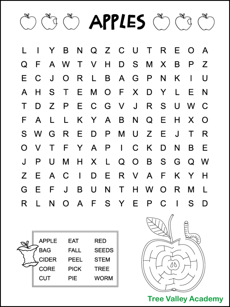 A printable black and white apple word search puzzle for kids. The 15 apple words are hidden in a 12 X 14 grid of letters. The apple words are 1st and 2nd grade spelling words. The image is decorated with apples and an apple core that kids can color. There's also a fun apple maze where kids can help a worm find its way to the seeds in the centre of an apple.