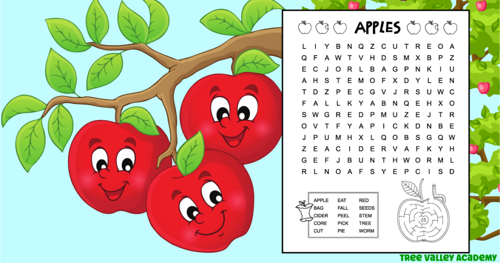 A printable black and white apple word search puzzle for kids. The 15 apple words are hidden in a 12 X 14 grid of letters. The apple words are 1st and 2nd grade spelling words. The image is decorated with apples and an apple core that kids can color. There's also a fun apple maze where kids can help a worm find its way to the seeds in the centre of an apple.