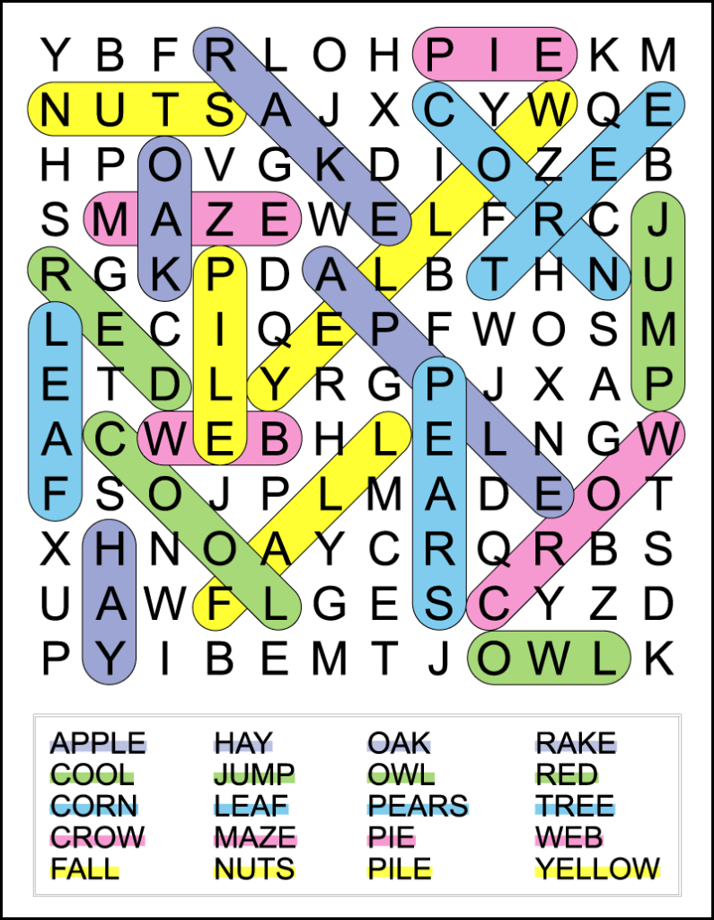 A color coded easy fall word search answer key.