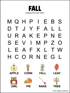 Printable fall word search for kindergarten or preschool. There are 8 words hidden in a 6X8 very large print grid of letters. Each of the words to find has a picture above it, helping kids to be able to read each word. The images are in color, but there's another version in black and white. The puzzle's words are apple, corn, fall, leaf, owl, pie, rake, and tree.