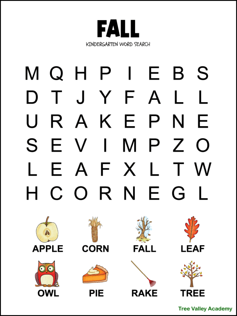 Printable fall word search for kindergarten or preschool. There are 8 words hidden in a 6X8 very large print grid of letters. Each of the words to find has a picture above it, helping kids to be able to read each word. The images are in color, but there's another version in black and white. The puzzle's words are apple, corn, fall, leaf, owl, pie, rake, and tree.