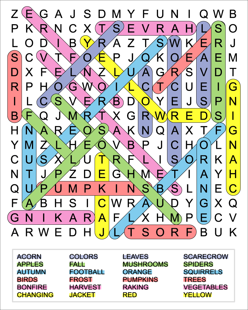A color coded fall word search answer key.