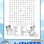 Free printable winter word search for kids. There are 16 winter words to find and circle in the 12 X 12 grid of letters. The printable word puzzle is decorated with snowflakes, an image of a snowman, and a boy throwing snowballs. Children can color the pictures of the black and white printable puzzle.