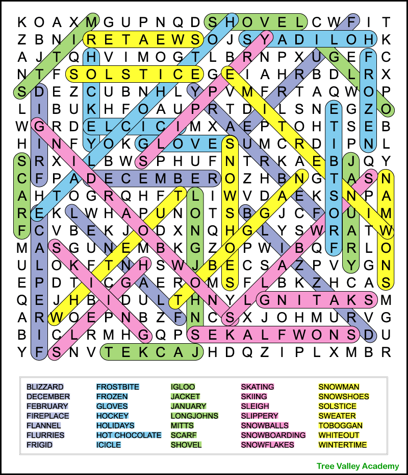 A color coded difficult winter word search answer key.