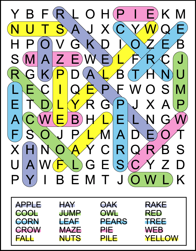 A color coded easy winter word search answer key.