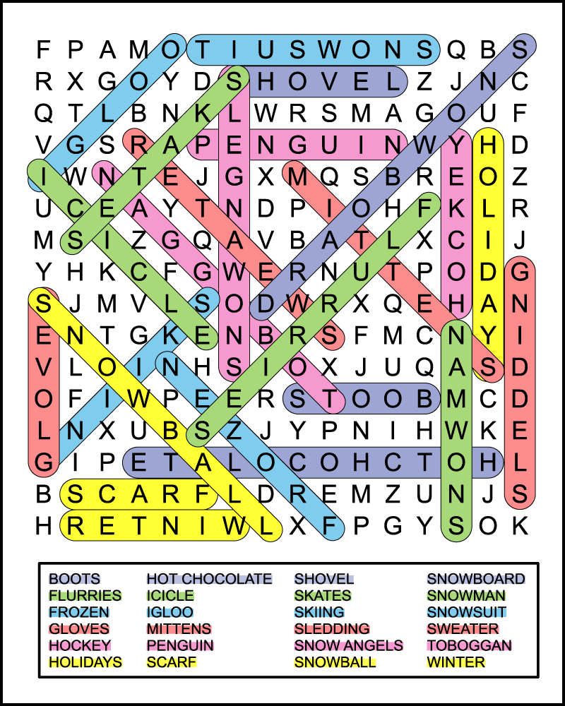 A color coded winter word search answer key.