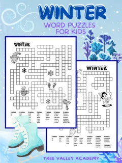 Printable winter word puzzles for kids. Two black and white printables with a crossword like puzzle. At the bottom of each puzzle, instead of clues, there are lists of winter words grouped by the number of letters in each word. The puzzles are decorated with a lot of winter images that kids can color if they wish to.