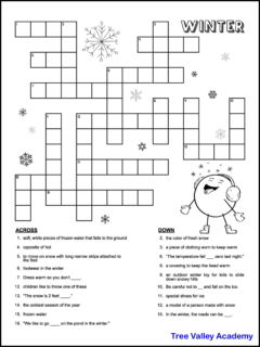 A printable winter themed crossword puzzle for kids. There are 10 clues across and 9 clues down for kids to solve. The black and white printable puzzle is decorated with lots of snowflakes and a cute winter snowball character that kids can have fun coloring. The snowball character is wearing earmuffs, boots, and mittens, and trying to catch snowflakes on his tongue.