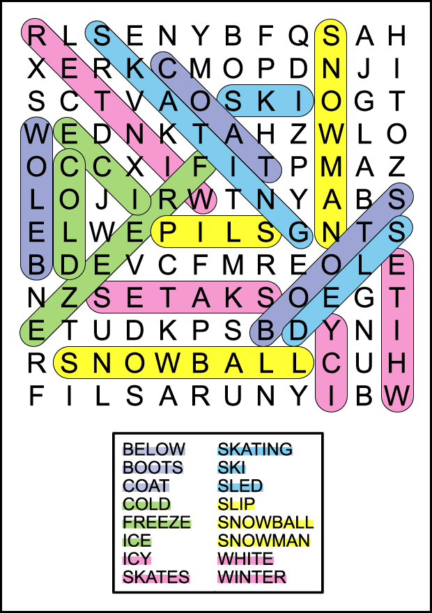 A color coded winter word search answer key.