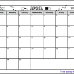 A full page black and white printable April 2023 calendar. The cat themed calendar is decorated with cat paws and 3 cats peaking over the days of the week boxes. There's also a blank space to write notes.