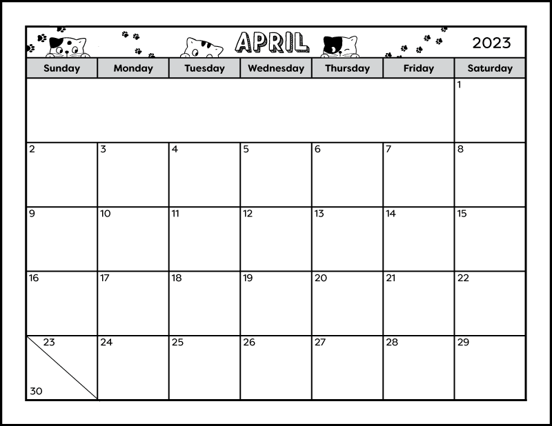 A full page black and white printable April 2023 calendar. The cat themed calendar is decorated with cat paws and 3 cats peaking over the days of the week boxes. There's also a blank space to write notes.