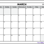 A black and white printable calendar for the month of March 2023. The full page monthly calendar is to be printed on a letter sized paper landscape orientation.