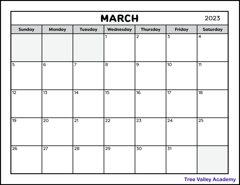A black and white printable blank calendar for the month of March 2023. The full page monthly calendar is to be printed on a letter sized paper landscape orientation.