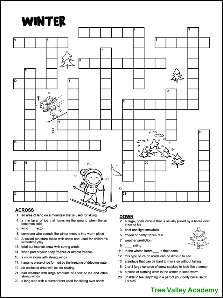 A black and white printable winter crossword puzzle for older kids with 12 clues across and 11 clues down to solve. The printable word puzzle is decorated with cute skiing images that can be coloured. There's pictures of snow covered evergreen trees and a boy and a girl skiing.