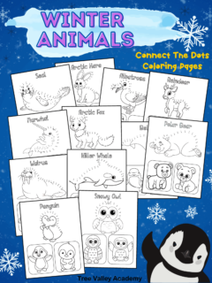 12 printable pages of winter animals connect the dots coloring pages. Each coloring sheet has 3 images of a winter animal to color. The biggest image kids will need to complete by connecting the dots. There's a winter coloring page of a penguin, snowy owl, polar bear, beluga, killer whale, walrus, arctic fox, narwhal, reindeer, albatross, arctic hare, and a seal.