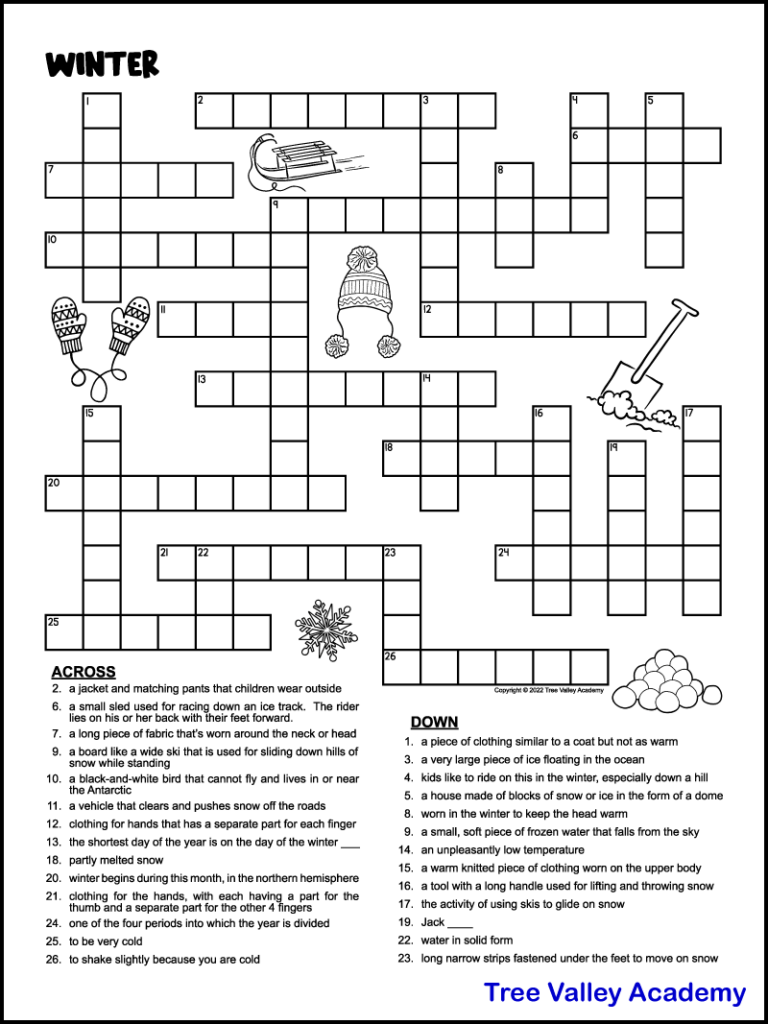A printable winter crossword puzzle for kids with 14 clues across and 13 clues down to solve. The black and white printable puzzle is decorated with cute winter images kids can color. There's a sled, snowballs, mittens, a snowflake, a snow shovel, and a winter hat.