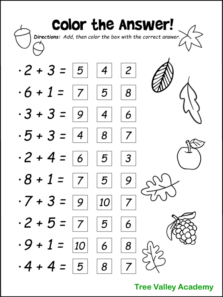 A printable black and white fall themed 1st grade addition worksheet. The fall math worksheet has 10 addition questions and each question has 3 boxes with a possible answer in each. For each question, children are to color the box with the correct answer.