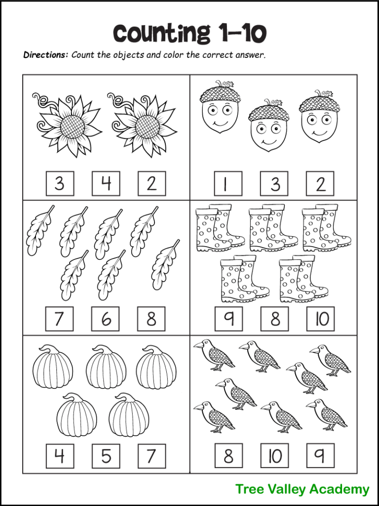 A black and white preschool or kindergarten fall math worksheet. Kids will count the objects and circle or color the correct answer. There are 2 sunflowers, 3 acorns, 7 leaves, 10 rubber boots, 5 pumpkins, and 8 crows to count.