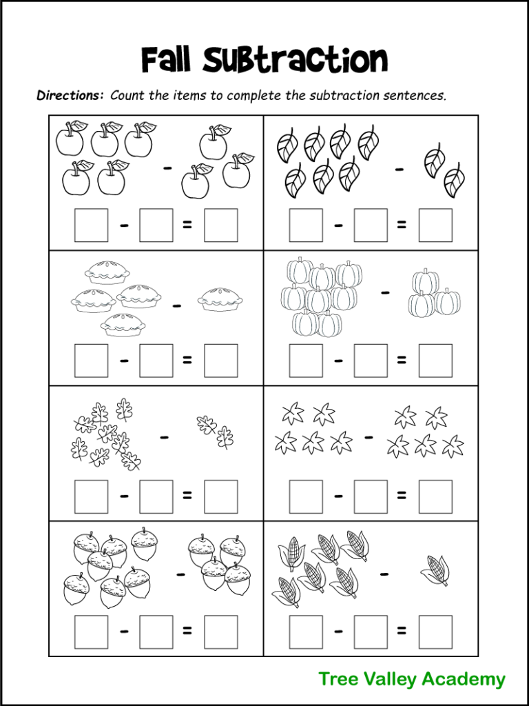 A black and white printable fall themed 1st grade subtraction worksheet with pictures. There are 8 subtraction questions. Children need to count the items to complete the subtraction sentences. There are pictures of apples, leaves, pies, pumpkins, acorns, and corn for kids to count and subtract.