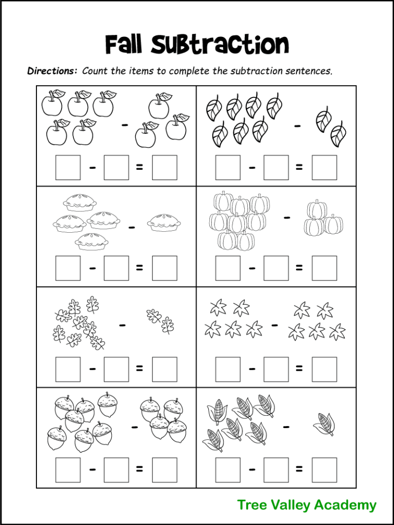 A black and white printable fall themed 1st grade subtraction worksheet with pictures. There are 8 subtraction questions. Children need to count the items to complete the subtraction sentences. There are pictures of apples, leaves, pies, pumpkins, acorns, and corn for kids to count and subtract.