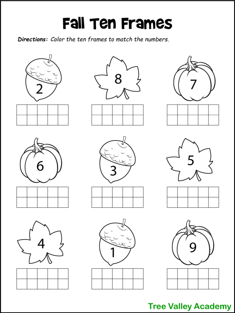 A printable fall themed ten frame kindergarten math worksheet. Children will need to color each ten frames to show the given number. There is a fall image above each ten frame, each with a number from 1 to 9. There are 3 images each of acorns, maple leaves, and pumpkins.