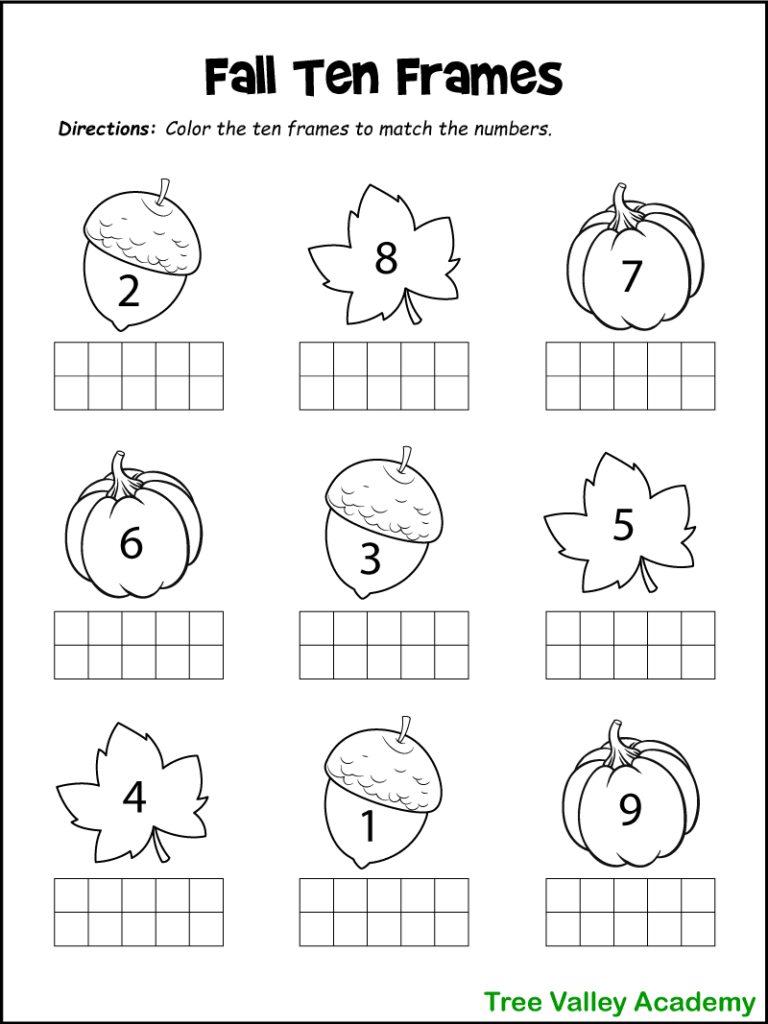 A printable fall themed ten frame kindergarten math worksheet. Children will need to color each ten frames to show the given number. There is a fall image above each ten frame, each with a number from 1 to 9. There are 3 images each of acorns, maple leaves, and pumpkins.