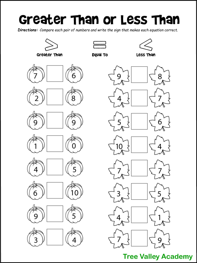A printable greater than less than fall math worksheet. The black and white comparing numbers worksheet has 16 questions with pairs of numbers between 1 and 10. Each number is written on either a pumpkin or a maple leaf. There is a square box between each pair of numbers where children will need to write the greater than, equal to, or less than sign to make each equation. Children can color the pumpkins or leaves if they choose.