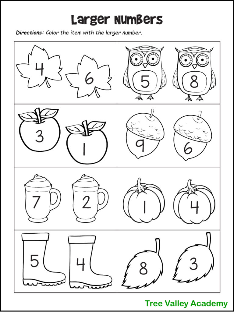 A black and white preschool or kindergarten bigger number fall math worksheet. There are 2 images of maple leaves, owls, apples, acorns, pumpkins, lattes, rubber boots, and oak leaves. Each object has a number on it from 1 to 9. For each pair of fall items, kids will color the object that has the larger number.