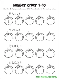 A black and white kindergarten or 1st grade number order 1-10 fall math worksheet. There are 4 questions. Each question has 5 jumbled numbers from 1-10 above 5 pumpkins. Kids will need to write the numbers in order from least to greatest - one number per pumpkin.