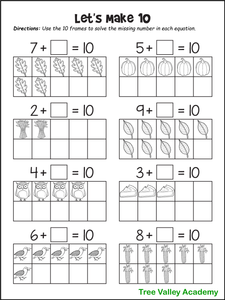 A printable black and white fall-themed ten-frame addition worksheet for 1st graders. Children are asked to use the 10 frames to solve the missing number in each equation. There are 8 adding questions where the sum is 10. Under each question is a ten frame with several fall images that are equal to the given number in the equation. The pictures in the ten frames are leaves, pumpkins, bundles of wheat, owls, pumpkin pies, crows, and corn.