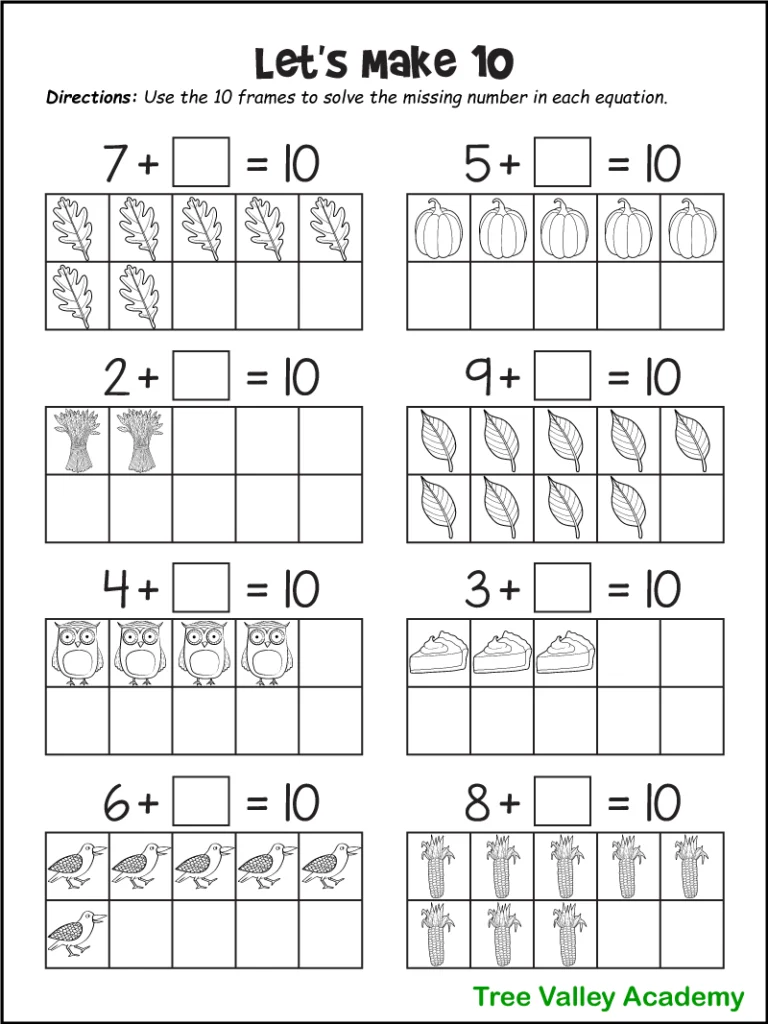 A printable black and white fall-themed ten-frame addition worksheet for 1st graders. Children are asked to use the 10 frames to solve the missing number in each equation. There are 8 adding questions where the sum is 10. Under each question is a ten frame with several fall images that are equal to the given number in the equation. The pictures in the ten frames are leaves, pumpkins, bundles of wheat, owls, pumpkin pies, crows, and corn.