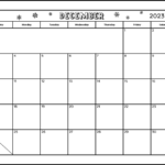 A full page black and white printable December 2023 calendar. The winter themed calendar is decorated with snowflakes in the month name and year section. There's also a blank space to write notes.