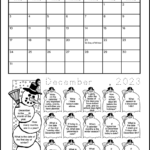 A snowman and winter themed printable December calendar worksheet. This math coloring worksheet is for grade 2 students, but there's also a worksheet for 1st grade students. There's a calendar for the month of December and 19 calendar questions written in the images of snowmen. Kids can color the images as they answer each question.