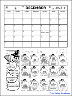 A snowman and winter themed printable December calendar worksheet. This math coloring worksheet is for grade 2 students, but there's also a worksheet for 1st grade students. There's a calendar for the month of December and 19 calendar questions written in the images of snowmen. Kids can color the images as they answer each question.