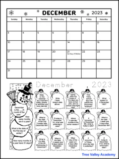 A snowman and winter themed printable December calendar worksheet. This math coloring worksheet is for grade 2 students, but there's also a worksheet for 1st grade students. There's a calendar for the month of December and 19 calendar questions written in the images of snowmen. Kids can color the images as they answer each question.