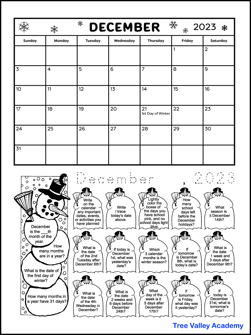 Printable December 2024 Calendar & Kids Calendar Worksheets