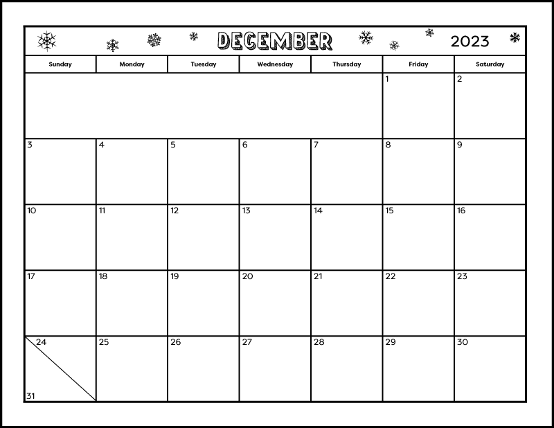 A full page black and white printable December 2023 calendar. The winter themed calendar is decorated with snowflakes in the month name and year section. There's also a blank space to write notes.