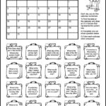 A free printable calendar worksheet for 1st and 2nd grade for the month of July 2023. There's 20 suitcases each containing a calendar question. Kids can color the suitcase as they answer the questions.