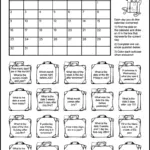 A free printable calendar worksheet for 1st and 2nd grade for the month of July 2023. There's 20 suitcases each containing a calendar question. Kids can color the suitcase as they answer the questions.