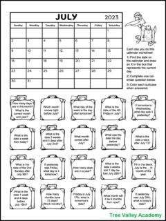 A free printable calendar worksheet for 1st and 2nd grade for the month of July 2023. There's 20 suitcases each containing a calendar question. Kids can color the suitcase as they answer the questions.