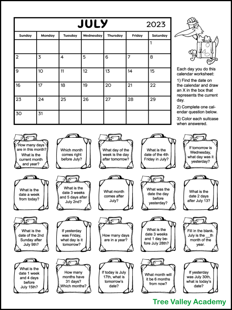 A free printable calendar worksheet for 1st and 2nd grade for the month of July 2023. There's 20 suitcases each containing a calendar question. Kids can color the suitcase as they answer the questions.